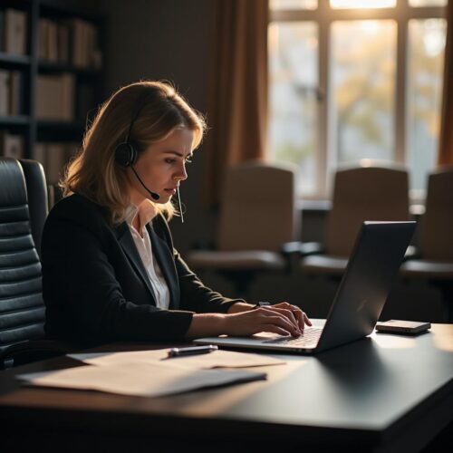Anwältin am Schreibtisch zeigt Frustration bei digitaler Gerichtsverhandlung, Laptop dunkel.