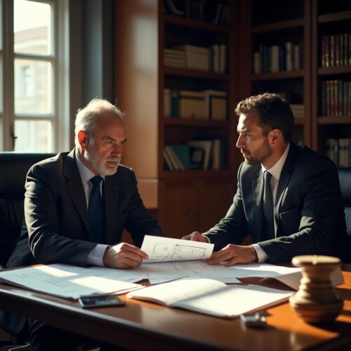 Anwalt und Verfahrenspfleger prüfen juristische Dokumente im Büro mit Akten und Bauplänen.