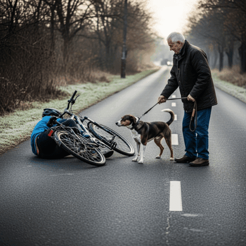 Radfahrer stürzt auf nassem Weg, Hund bremst. Unfallgefahren auf Radwegen.