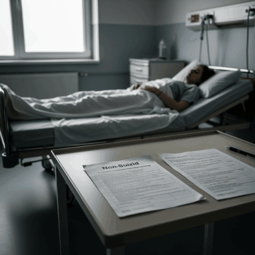 Leeres, düsteres Klinikbett mit einer leblosen Patientin und Behandlungsunterlagen, betont Verzweiflung