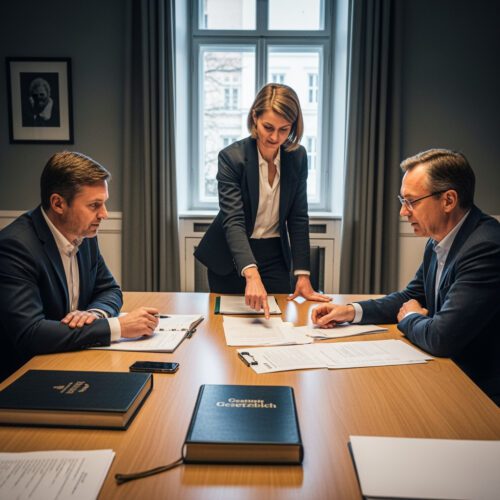 Angespannter Besprechungsraum mit Diskussion über Kosten und Rechnung zwischen Behördendame und Unternehmensvertreter