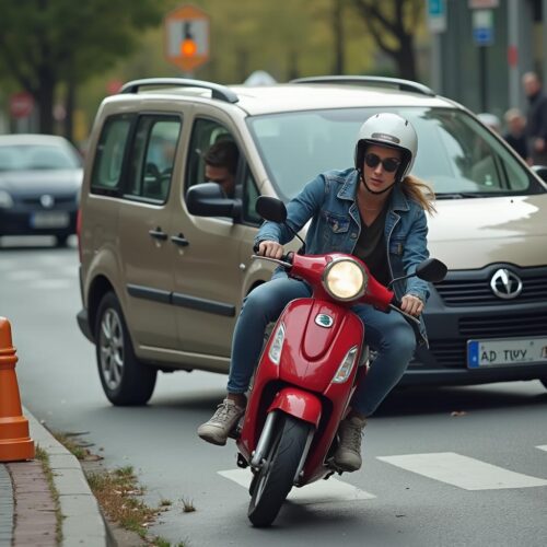 Kollision zwischen Auto und Roller an einer städtischen Kreuzung, junge Frau trägt Helm