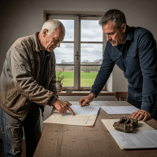 Landbesitzer und Pächter prüfen Pachtvertrag in landwirtschaftlicher Umgebung