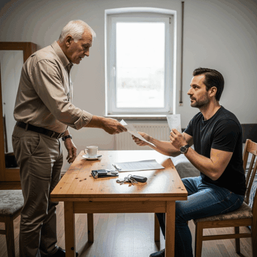 Älterer Vermieter übergibt Mieterhöhungsschreiben an skeptischen Mieter in kleiner Wohnung