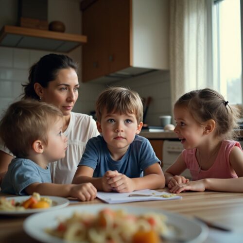 Familienmoment am Esstisch in heller Küche mit einem traurigen Jungen, Mutter, Stiefvater und Halbschwester