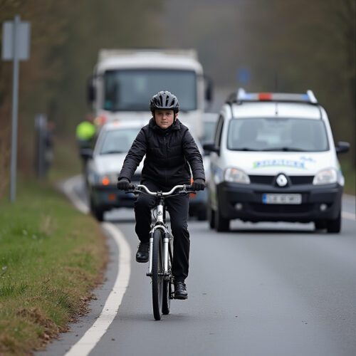 Junger Fahrradfahrer stürzt bei Kollision mit Auto auf Gehweg, Polizei bei Unfall vor Ort