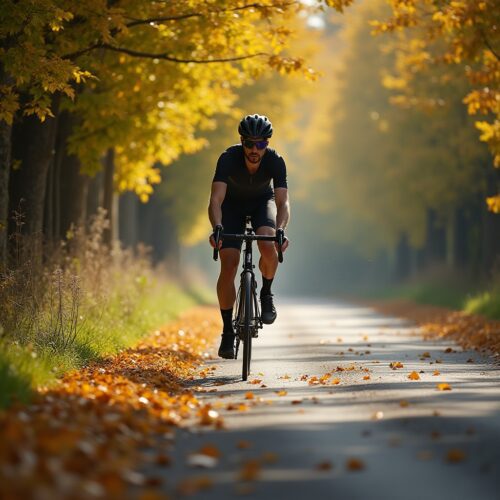 Radfahrer stürzt auf herbstlichem Radweg nach Unfall mit Betonfundament, laubbedeckt und sonnig