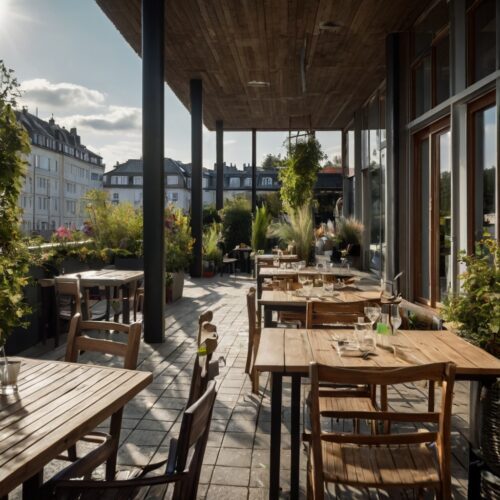 Frau mittleren Alters steht auf belebter Restaurantterrasse mit betont überfüllter Sitzfläche
