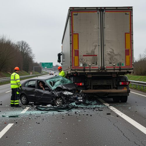Autobahn-Unfall: PKW kollidiert frontal mit stehendem Schwertransporter ohne Warndreieck auf Fahrspur.