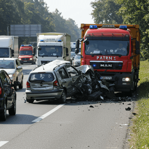 Unfall auf Bundesstraße: Sattelzug fährt auf stehenden PKW mit deformiertem Heck auf