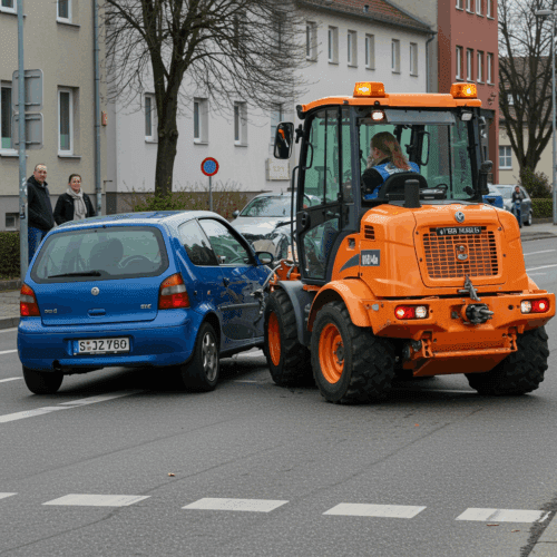 Kollision zwischen Kleinwagen und Kehrmaschine an einer städtischen Kreuzung bei Tag