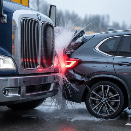 Auffahrunfall: LKW bohrt sich in BMW X3 auf nasser Winterautobahn