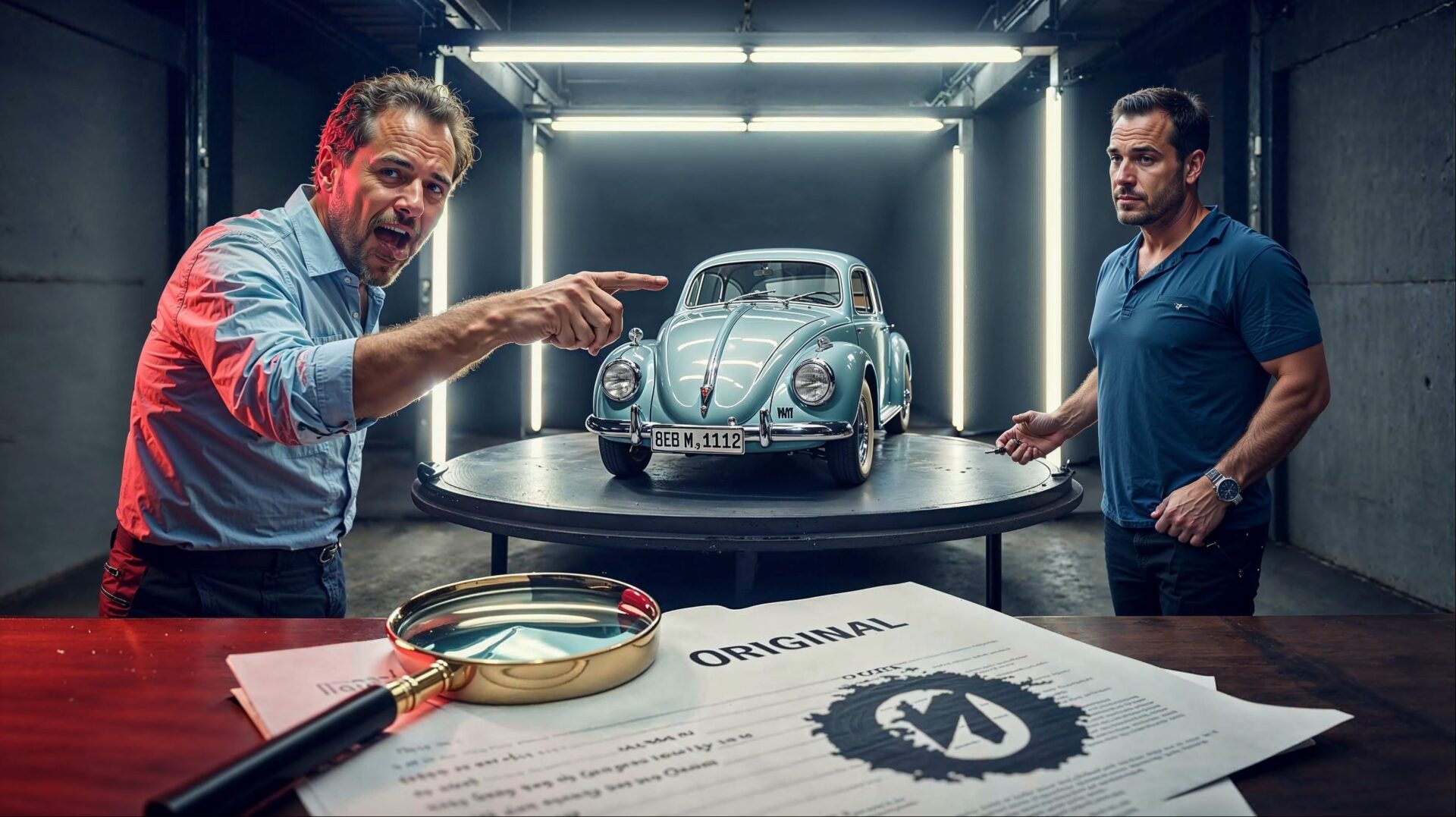 Zwei Männer begutachten einen VW Käfer vor einem Dokument "ORIGINAL", Symbol für widersprüchlichen Käfer-Vertrag.