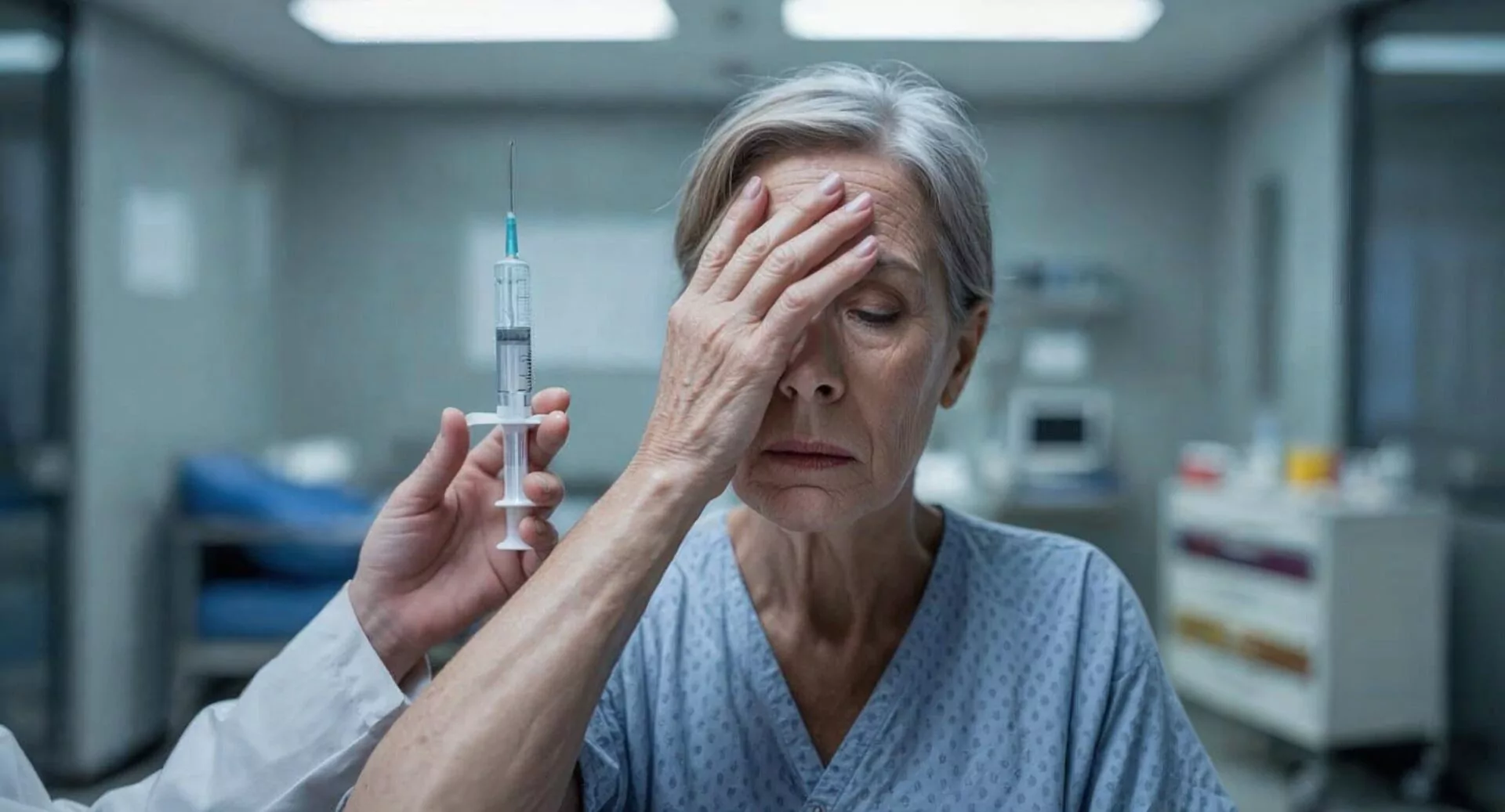 Ärztliche Zwangsbehandlung mit Spritze, betreute ältere Frau in Klinik, Thema Zwangsmedikation Genehmigung.
