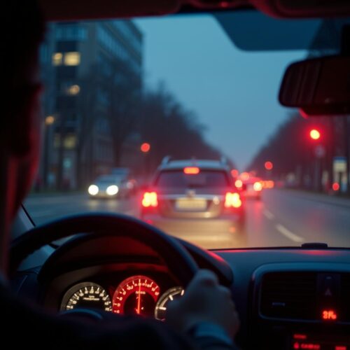 Fahrverbot umgehen: Autofahrer hält bei roter Ampel an, um Rotlichtverstoß und Bußgeld zu vermeiden.