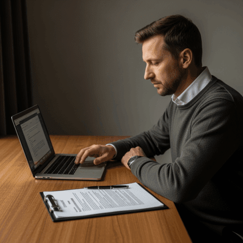 Mann analysiert Immobilienkaufvertrag am Laptop, um Rücktritt und Schadensersatzoptionen zu evaluieren.