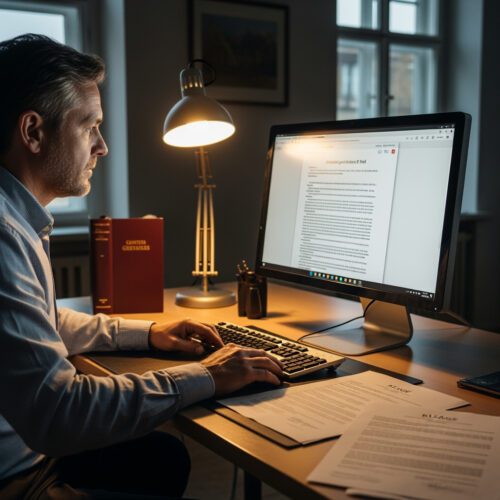 Mann überprüft fremdsprachige Klageschrift am Computer, um Einsatz der deutschen Gerichtssprache sicherzustellen.