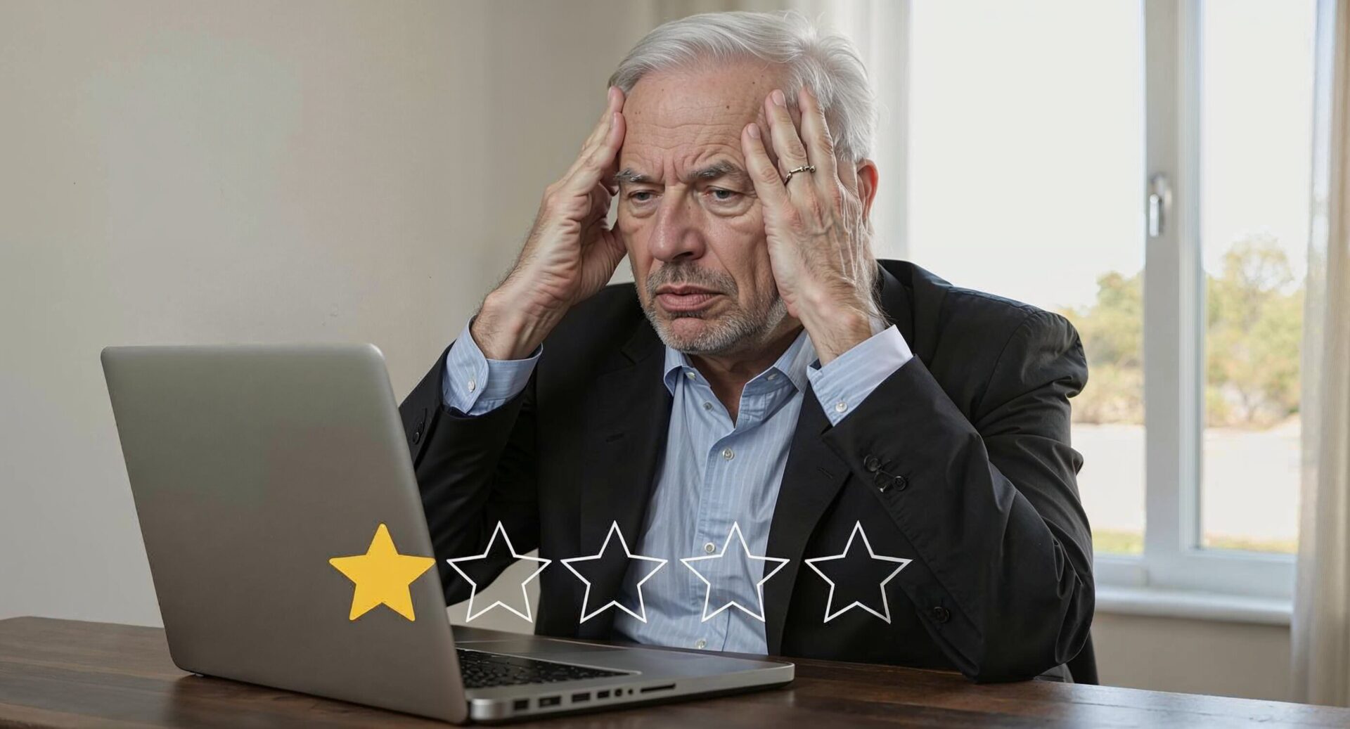 Besorgte ältere Person blickt auf Laptop wegen einer negativen Bewertung; illustriert Auskunftsanspruch Plattformbetreiber.