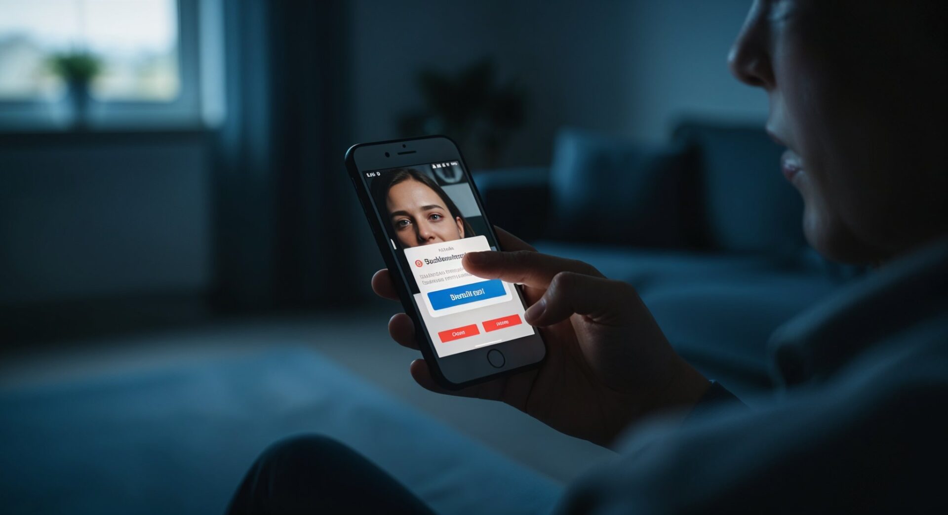 Smartphone zeigt S-pushTAN-Betrugswarnung, Person im dunklen Raum erfährt Onlinebanking-Risiken und Haftungsfragen.