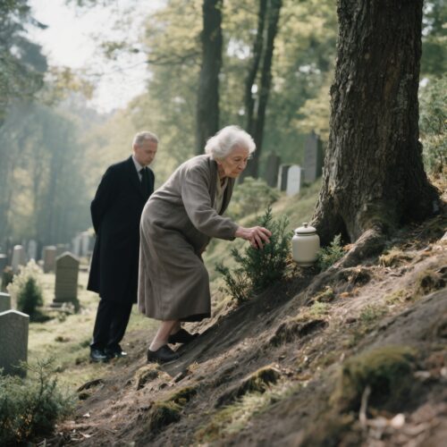Ältere Frau bei Umbettung der Urne zu Baumfriedhof, symbolisiert rechtliche Ansprüche und Wünsche Verstorbener.