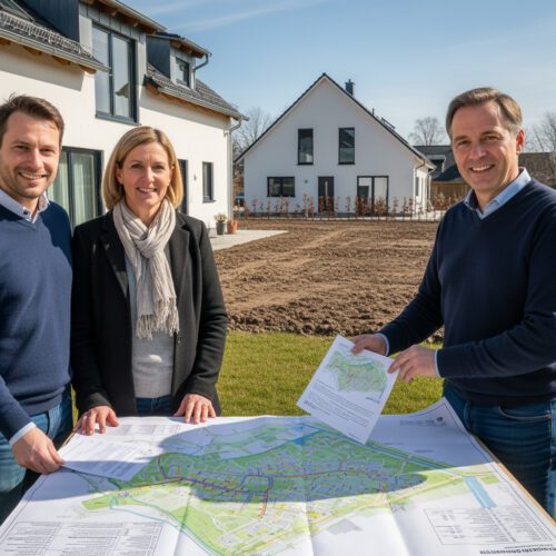 Gemeindemitglieder diskutieren Vorkaufsrecht eines unbebauten Grundstücks anhand eines Bauplans vor modernem Haus.